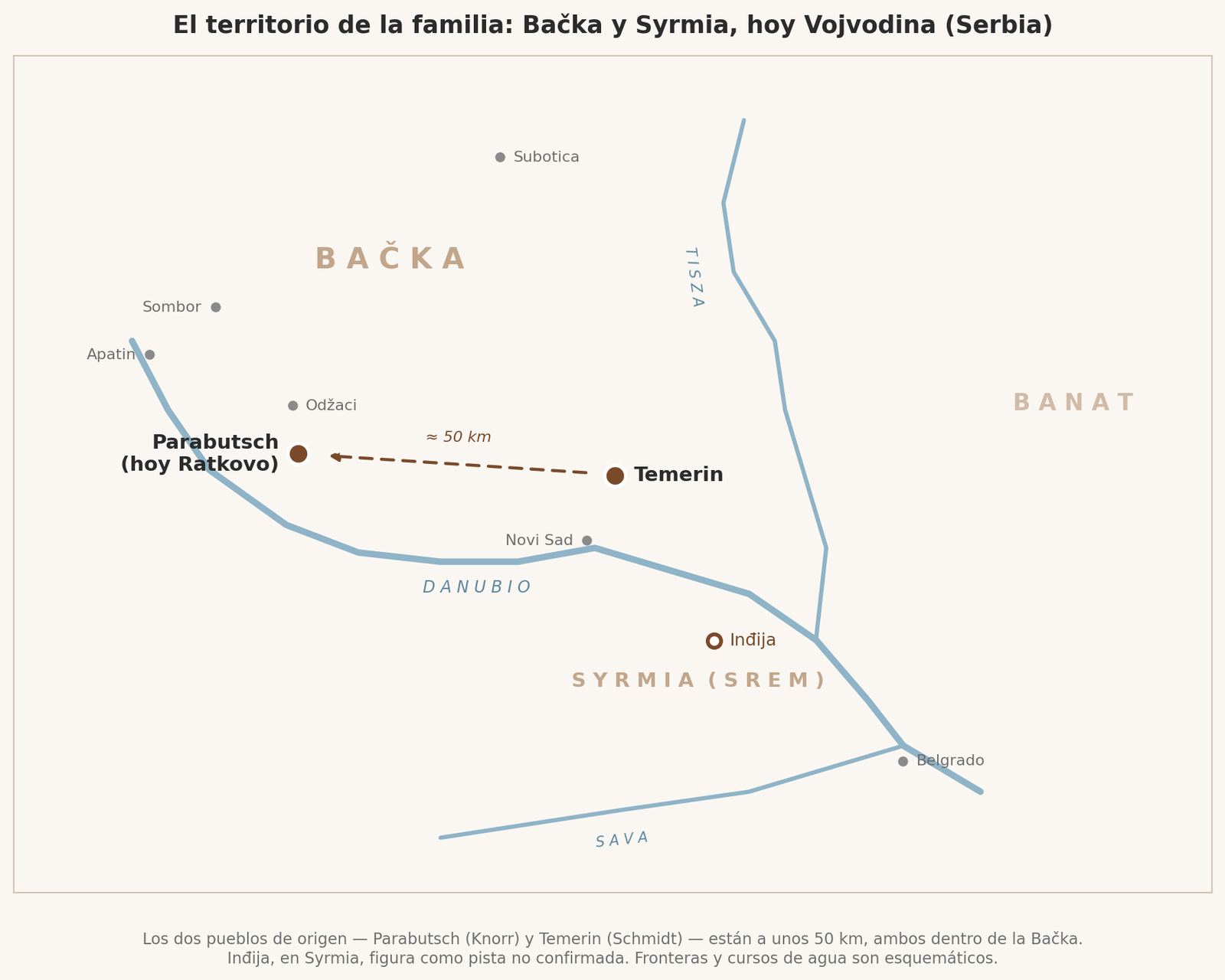 Mapa de la Bačka y Syrmia con Parabutsch, Temerin e Inđija